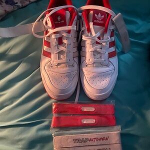 adidas White & Red Low-Top Leather Sneakers with Trefoil